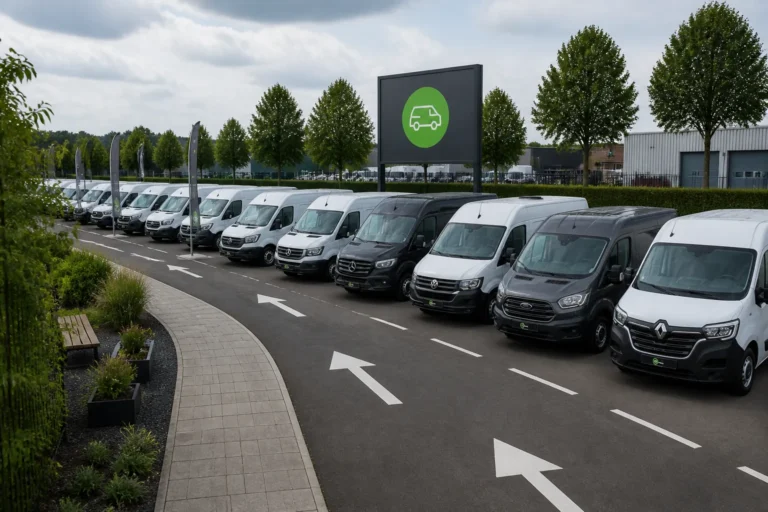 rij jonge gebruikte bedrijfsbussen langs een buitenterrein met een duidelijk terreinbord als oriëntatiepunt