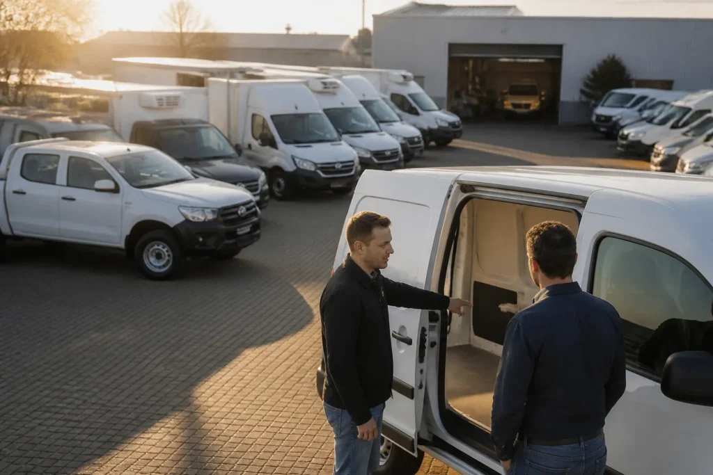 ondernemer en verkoper bekijken samen de laadruimte van een jonge gebruikte bedrijfsbus op een terrein met meerdere bussen