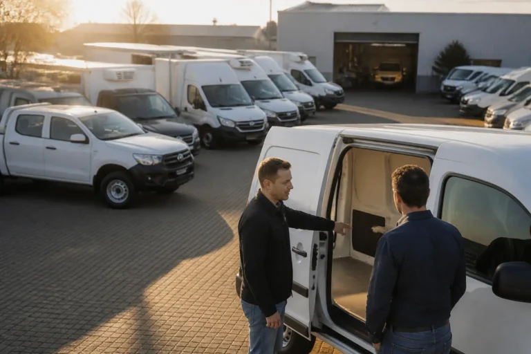 ondernemer en verkoper bekijken samen de laadruimte van een jonge gebruikte bedrijfsbus op een terrein met meerdere bussen
