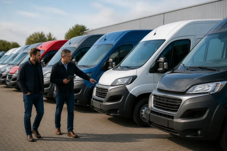 ondernemer en adviseur bekijken een rij jonge gebruikte bedrijfsbussen op een buitenterrein