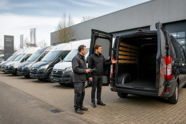 kleine ondernemer en verkoopmedewerker beoordelen een rij jonge gebruikte bedrijfsbussen op een buitenterrein