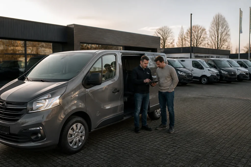 klant en verkoper bekijken een jong gebruikte bestelbus op een kleinschalig bedrijventerrein