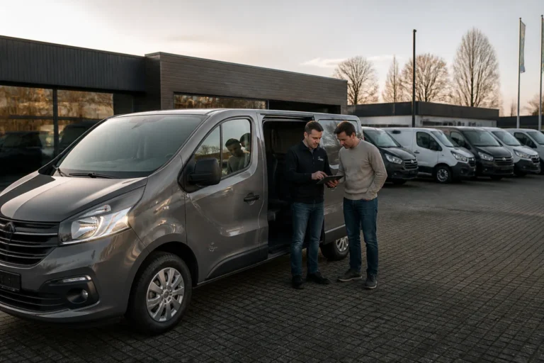 klant en verkoper bekijken een jong gebruikte bestelbus op een kleinschalig bedrijventerrein
