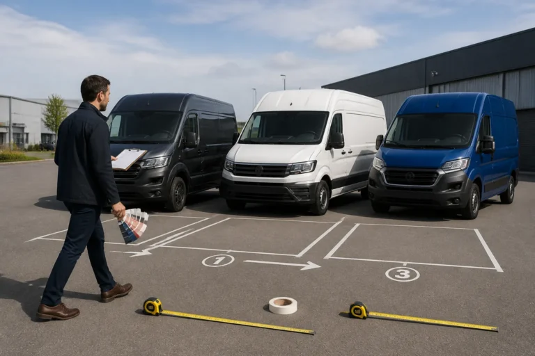 drie verschillende bedrijfsbussen naast elkaar op een bedrijventerrein met een wagenparkbeheerder die de opstelling
