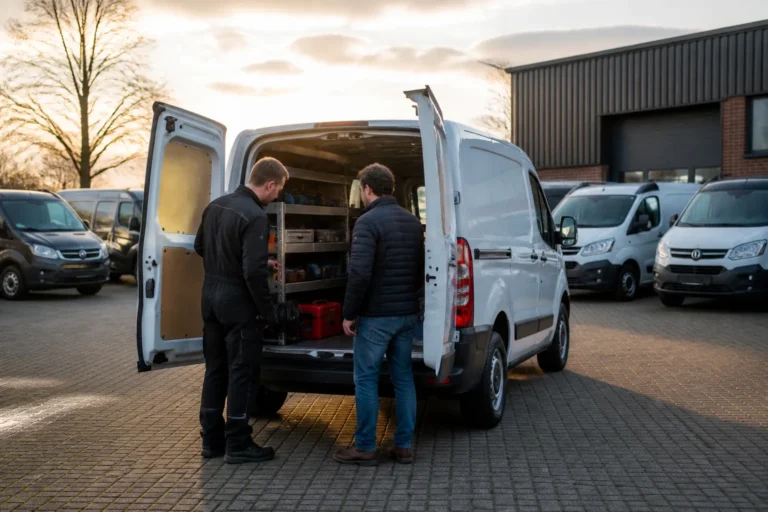 jonge gebruikte bestelbus op klein bedrijfsautoterrein waar monteur en ondernemer bij de open laadruimte overleggen