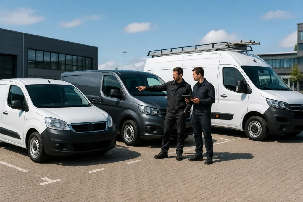 monteurs vergelijken drie verschillende bestelwagens op een open bedrijventerrein