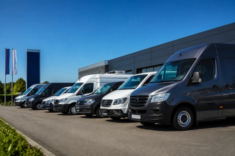 rij jong gebruikte werkbussen op een dealerterrein in de zon, in verschillende formaten en uitvoeringen