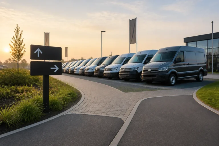 overzicht van een rij jong gebruikte werkbussen bij een dealerterrein met een pad en richtingborden op de voorgrond