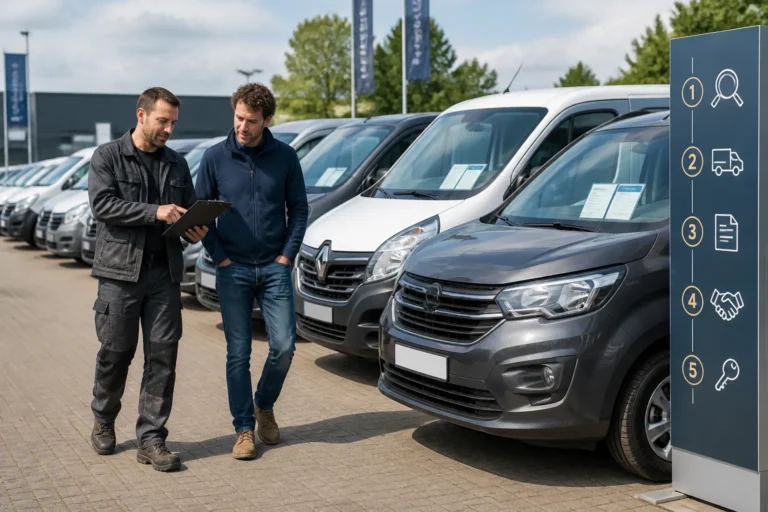 zzp’er en monteur vergelijken jong gebruikte werkbussen met checklist op dealerterrein