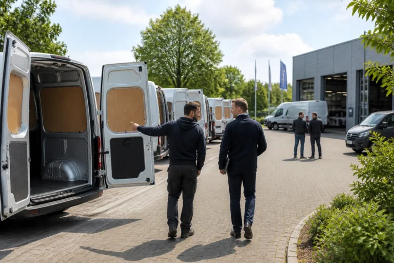 zzp’er in werkkleding bekijkt samen met dealer een rij jong gebruikte werkbussen op buitenterrein