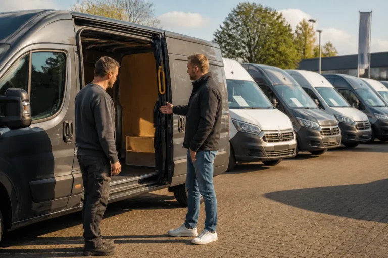 zzp’er en verkoper bekijken samen de laadruimte van een jong gebruikte werkbus op een dealerterrein