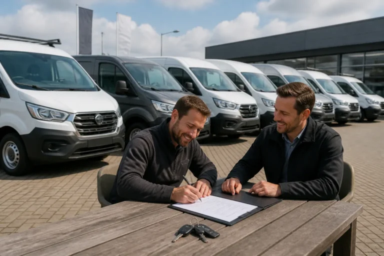 zzp’er tekent koopcontract bij dealer met rij jong gebruikte werkbussen op de achtergrond
