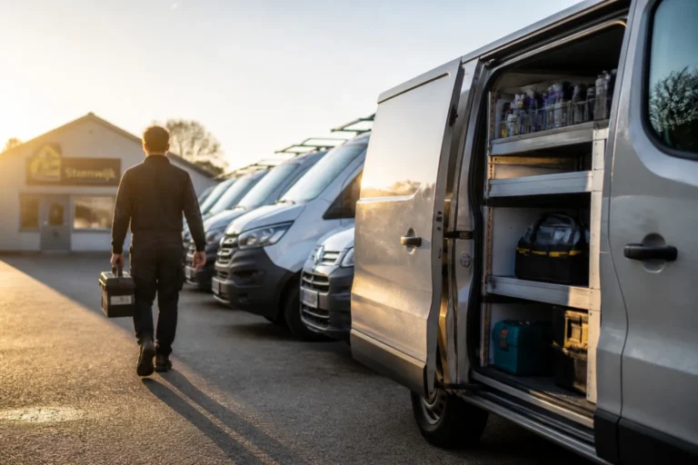 zzp’er bekijkt een rij nette jong gebruikte werkbussen op een buitenterrein in steenwijk