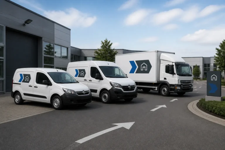 drie bedrijfswagens in verschillende formaten in een boog geparkeerd naast een informatiebord langs een gemarkeerde route