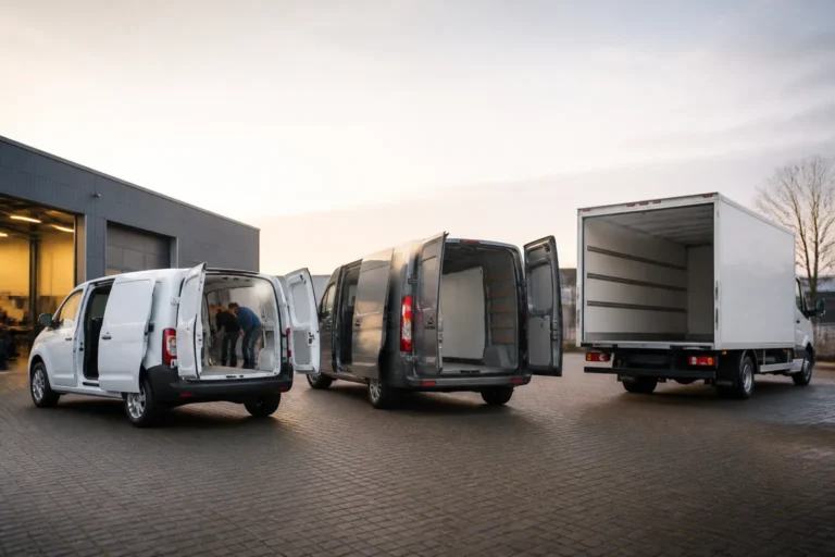 drie verschillende bedrijfswagens voor een kleinschalig autobedrijf, met zicht op de laadruimte