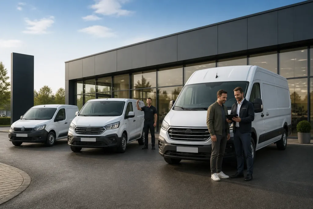 drie bedrijfswagens in een lichte boog bij een showroom, klant tekent op tablet terwijl medewerker sleutels overhandigt