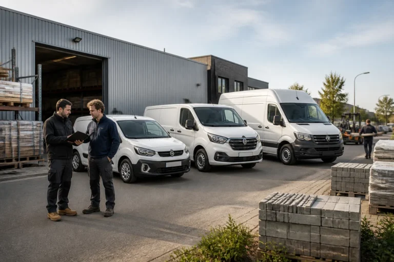 drie bedrijfsbussen in een lichte boog geparkeerd bij een loods met twee ondernemers die overleggen