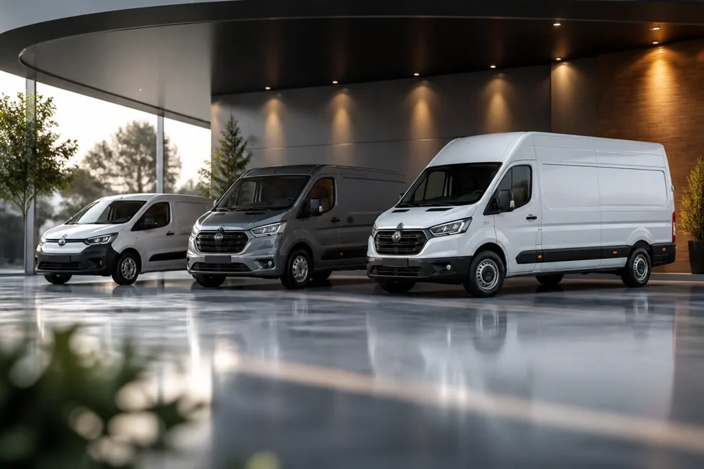 drie bedrijfswagens in verschillende formaten in een lichte boog in een moderne showroom met glanzende vloer