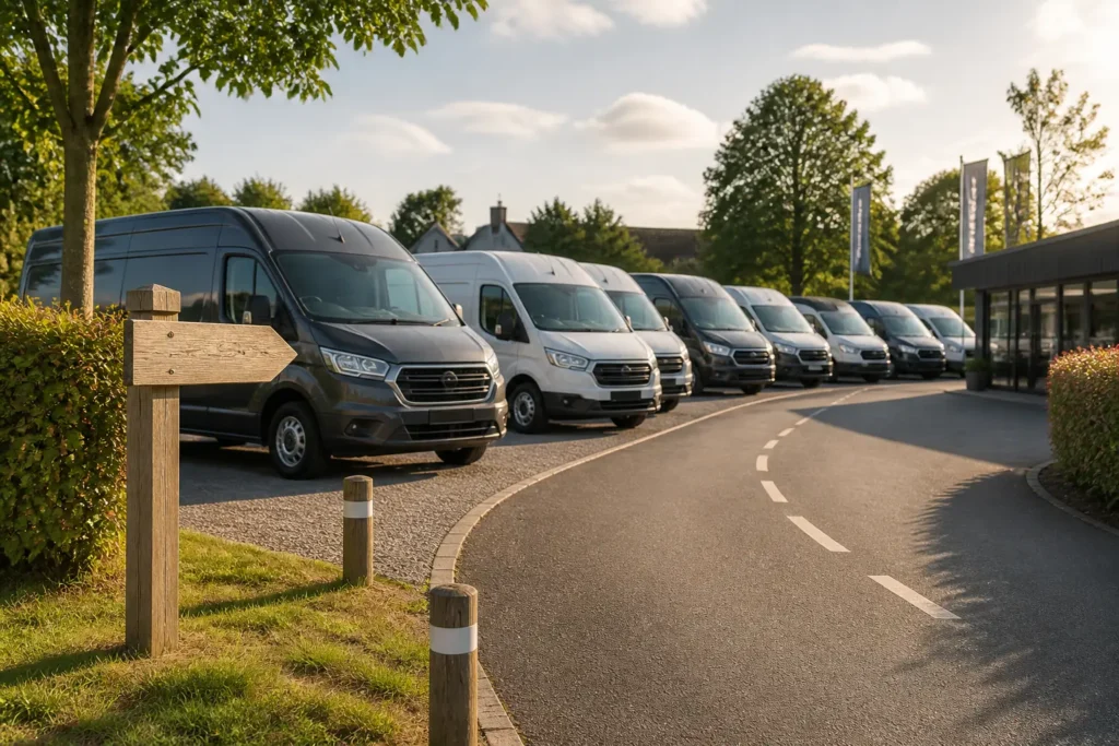 kleinschalig terrein met rijen jong gebruikte bestelbussen en een eenvoudige wegwijzer op de voorgrond