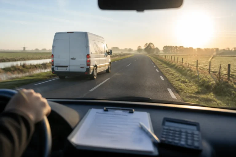 witte tweedehands bestelbus met lichte bestickering rijdt over rustige Nederlandse weg bij zonsopkomst
